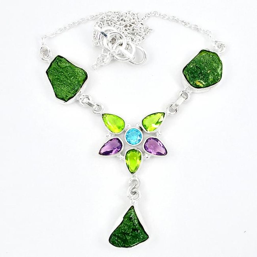 925 silver natural green moldavite (genuine czech) peridot necklace k57075