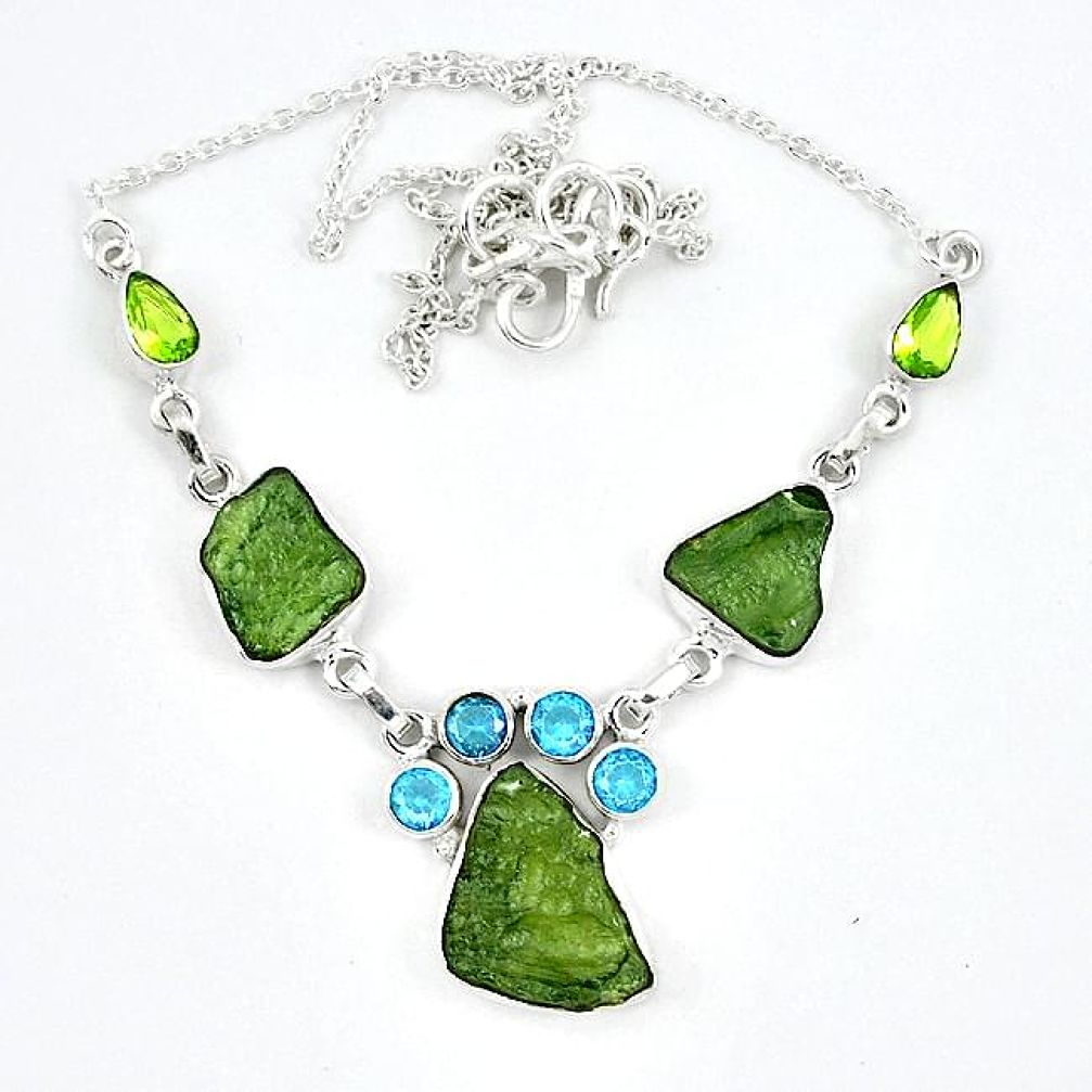 Natural green moldavite (genuine czech) peridot 925 silver necklace k57077