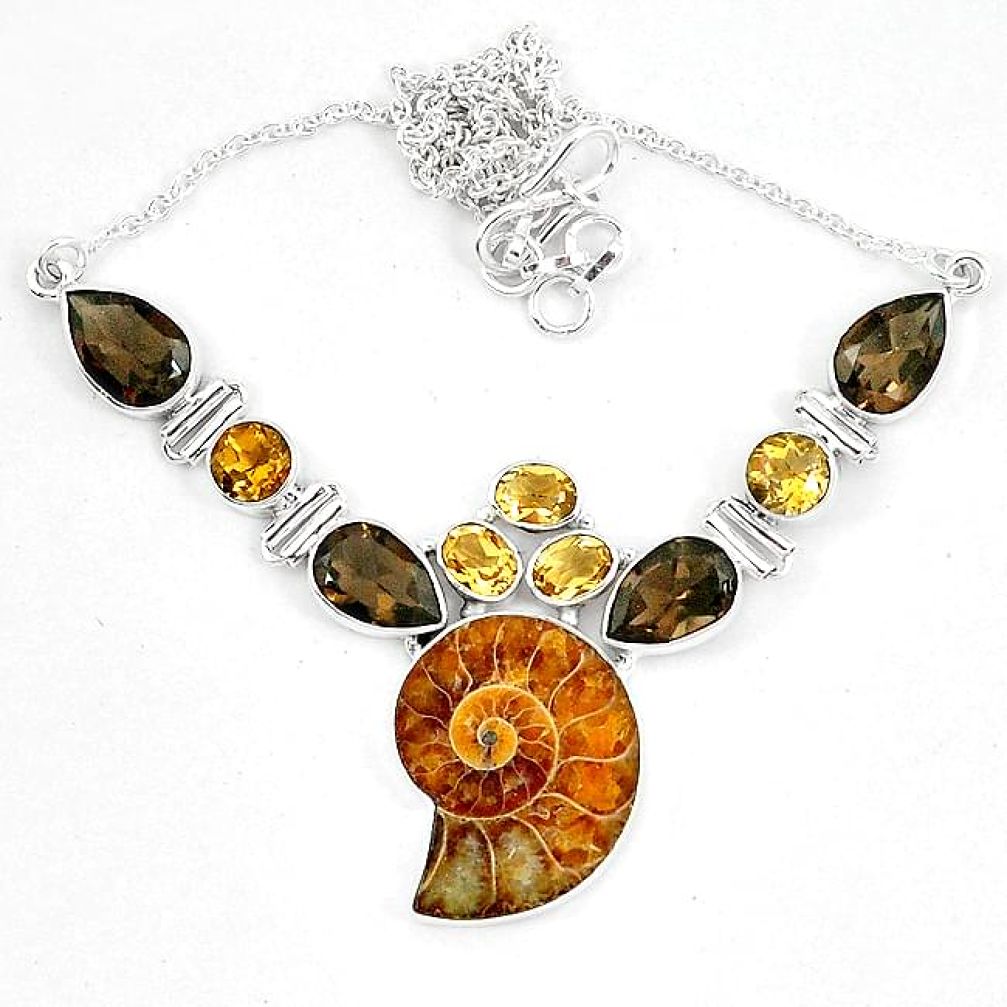 Natural brown ammonite fossil smoky topaz 925 silver necklace jewelry k60838