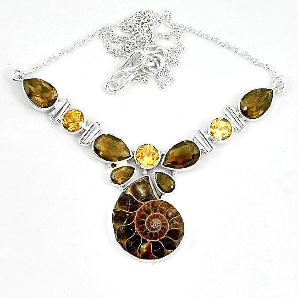 925 sterling silver natural brown ammonite fossil smoky topaz necklace k60840