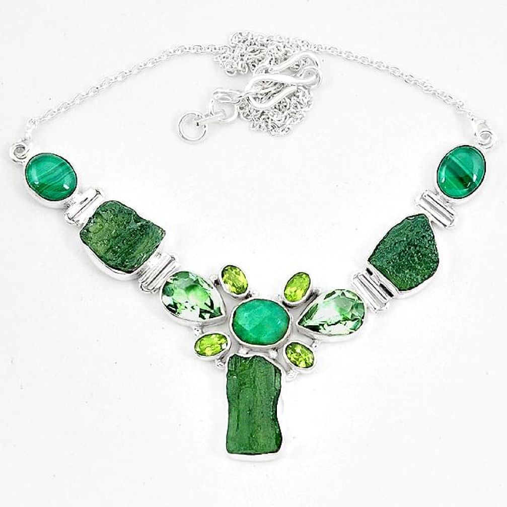 Moldavite (genuine czech) malachite (pilot's stone) 925 silver necklace k60866