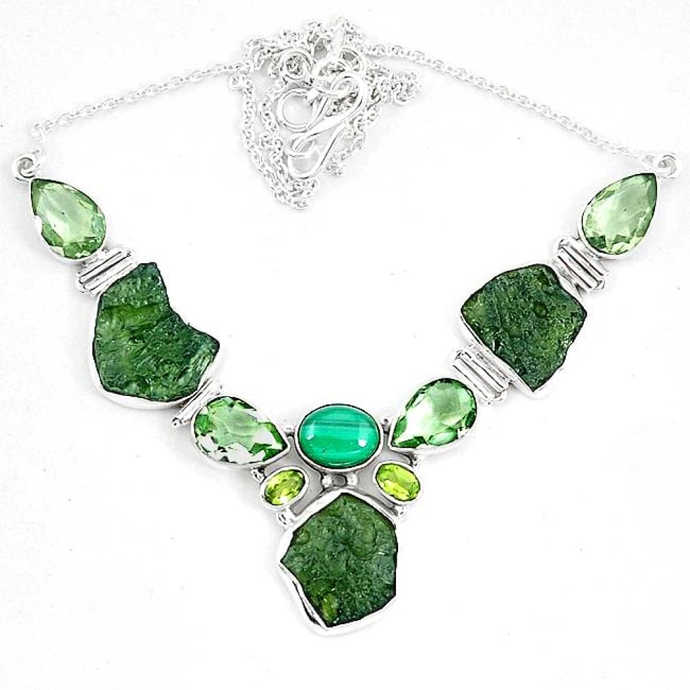 Moldavite (genuine czech) malachite (pilot's stone) 925 silver necklace k60869