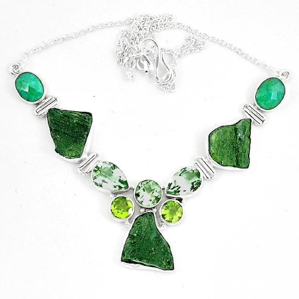 Natural green moldavite (genuine czech) peridot 925 silver necklace k60870