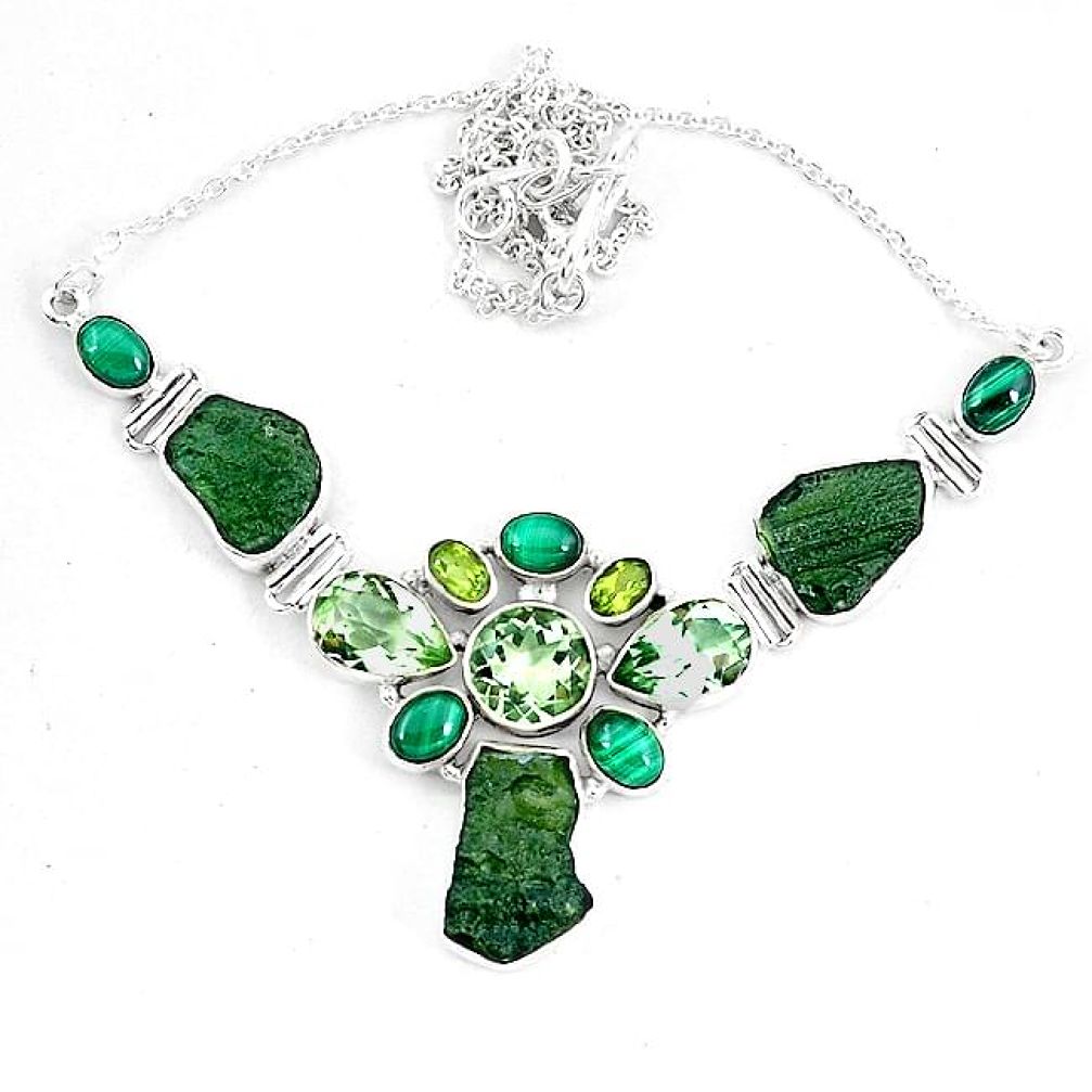 Moldavite (genuine czech) malachite (pilot's stone) 925 silver necklace k60871