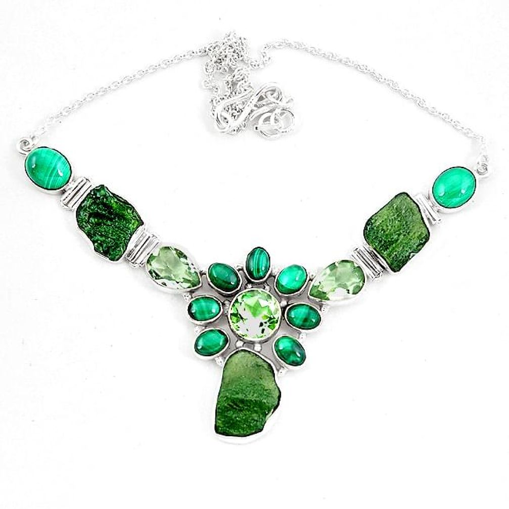 925 silver moldavite (genuine czech) malachite (pilot's stone) necklace k60872