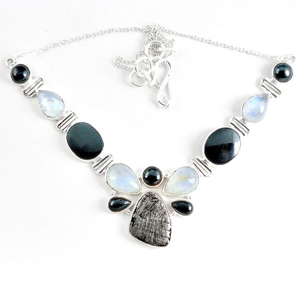 Natural grey meteorite hematite 925 sterling silver necklace jewelry k61897