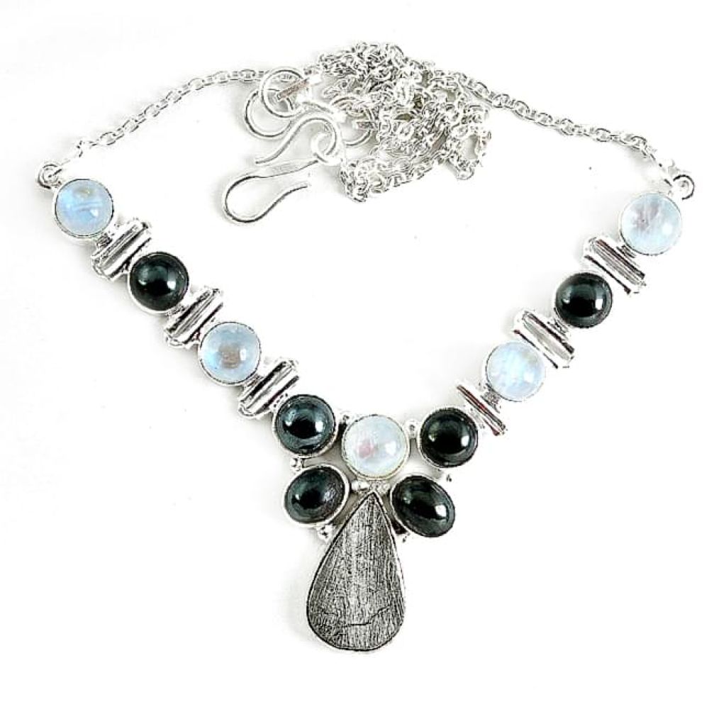 Natural grey meteorite hematite 925 sterling silver necklace jewelry k61900