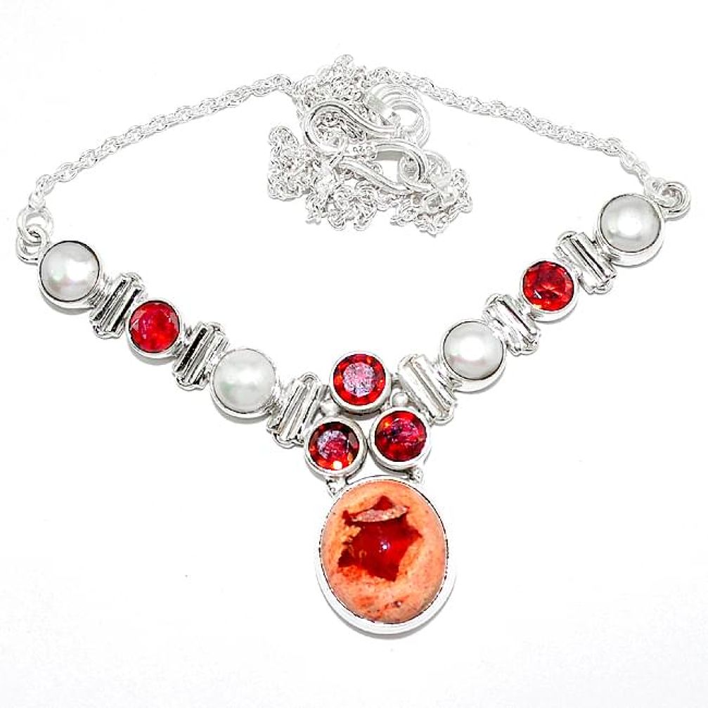 Natural mexican fire opal garnet pearl 925 sterling silver necklace k74728