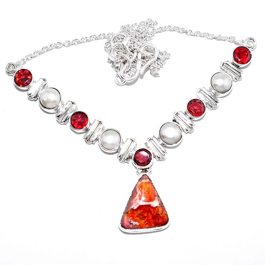 925 silver natural mexican fire opal garnet pearl sterling necklace k74730
