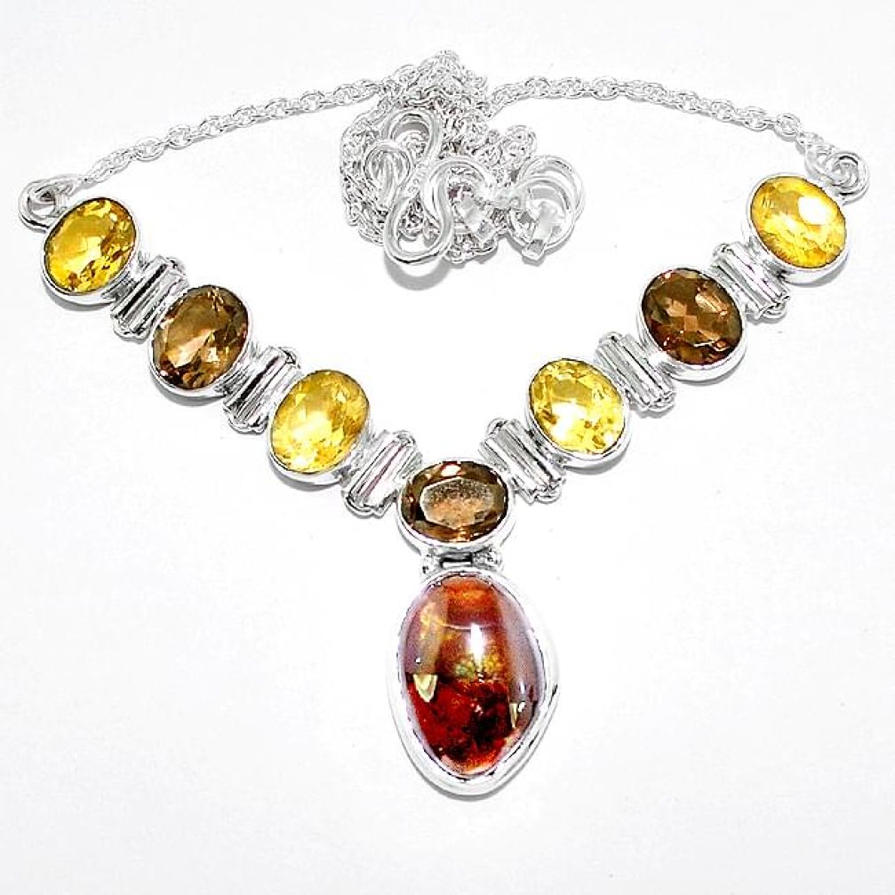 Natural mexican fire agate citrine 925 sterling silver necklace k74732