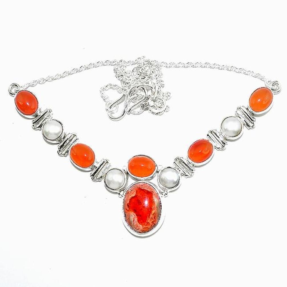 Natural mexican fire opal cornelian (carnelian) pearl 925 silver necklace k74738