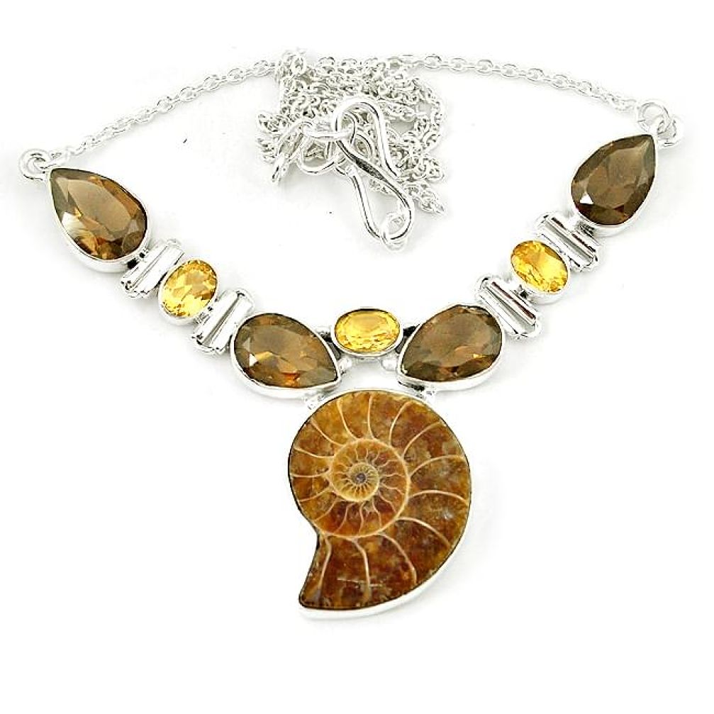 Natural brown ammonite fossil smoky topaz citrine 925 silver necklace k75484