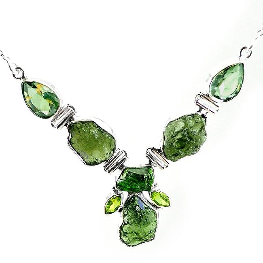 925 silver natural green moldavite (genuine czech) amethyst necklace k76156