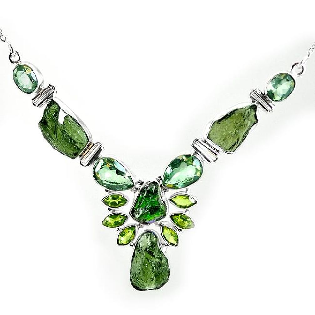 Natural green moldavite (genuine czech) peridot 925 silver necklace k76157