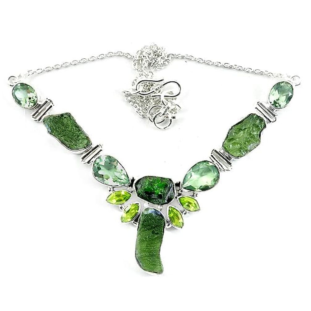 Natural green moldavite (genuine czech) peridot 925 silver necklace k76178