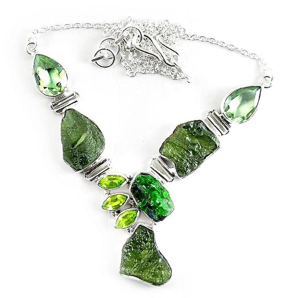 925 silver natural green moldavite (genuine czech) peridot necklace k76179