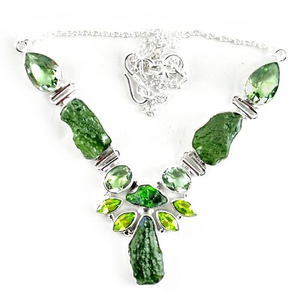 Natural green moldavite (genuine czech) peridot 925 silver necklace k76180