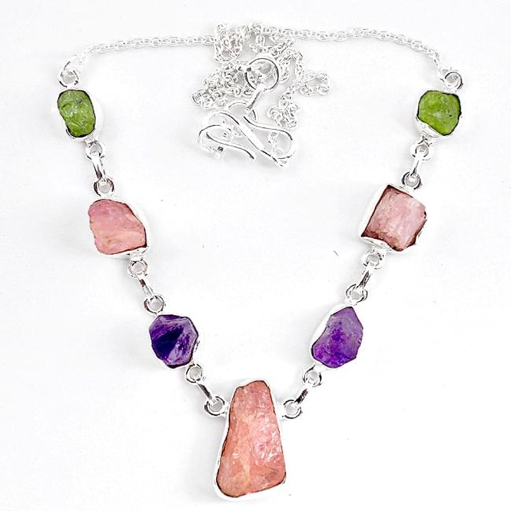 Natural pink morganite rough peridot rough 925 sterling silver necklace k83323