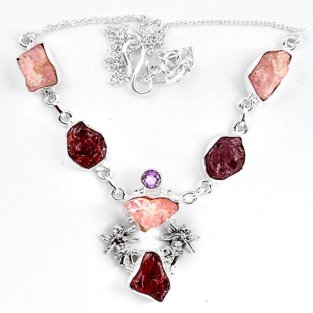 925 silver natural pink morganite rough red garnet rough necklace k83324