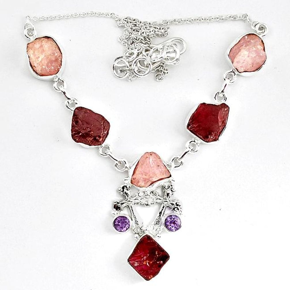 Natural pink morganite rough red garnet rough 925 silver necklace k83326