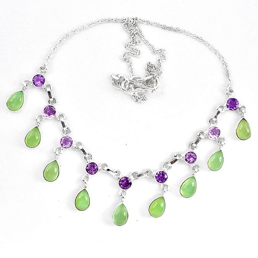 Natural green prehnite purple amethyst 925 sterling silver necklace k83330