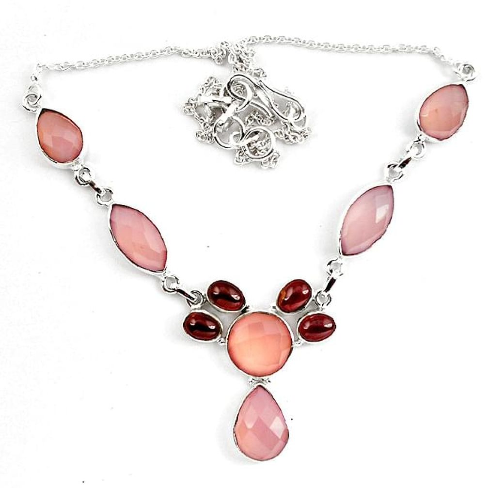 Natural pink rose quartz red garnet 925 sterling silver necklace k83342