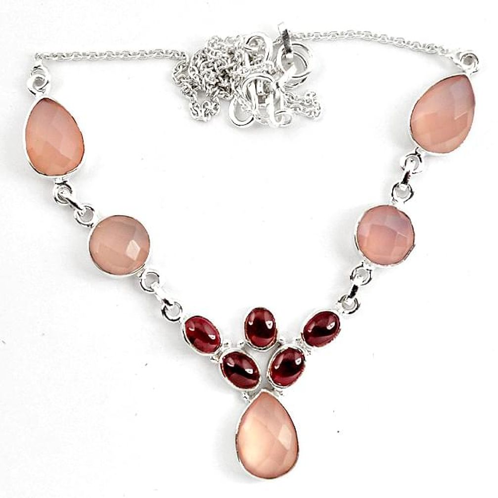 Natural pink rose quartz garnet 925 sterling silver necklace jewelry k83345