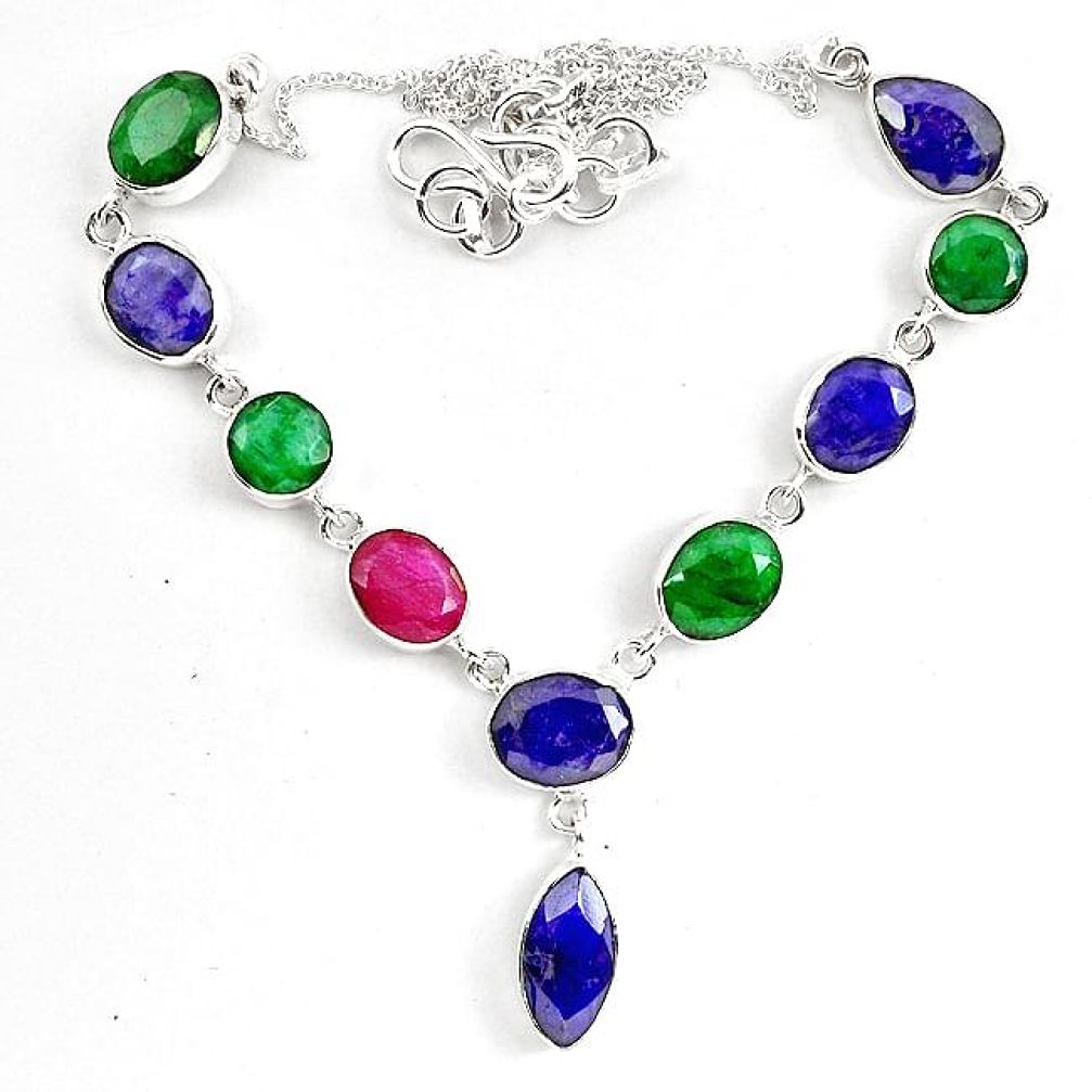 Natural blue sapphire emerald ruby 925 sterling silver necklace jewelry k83347