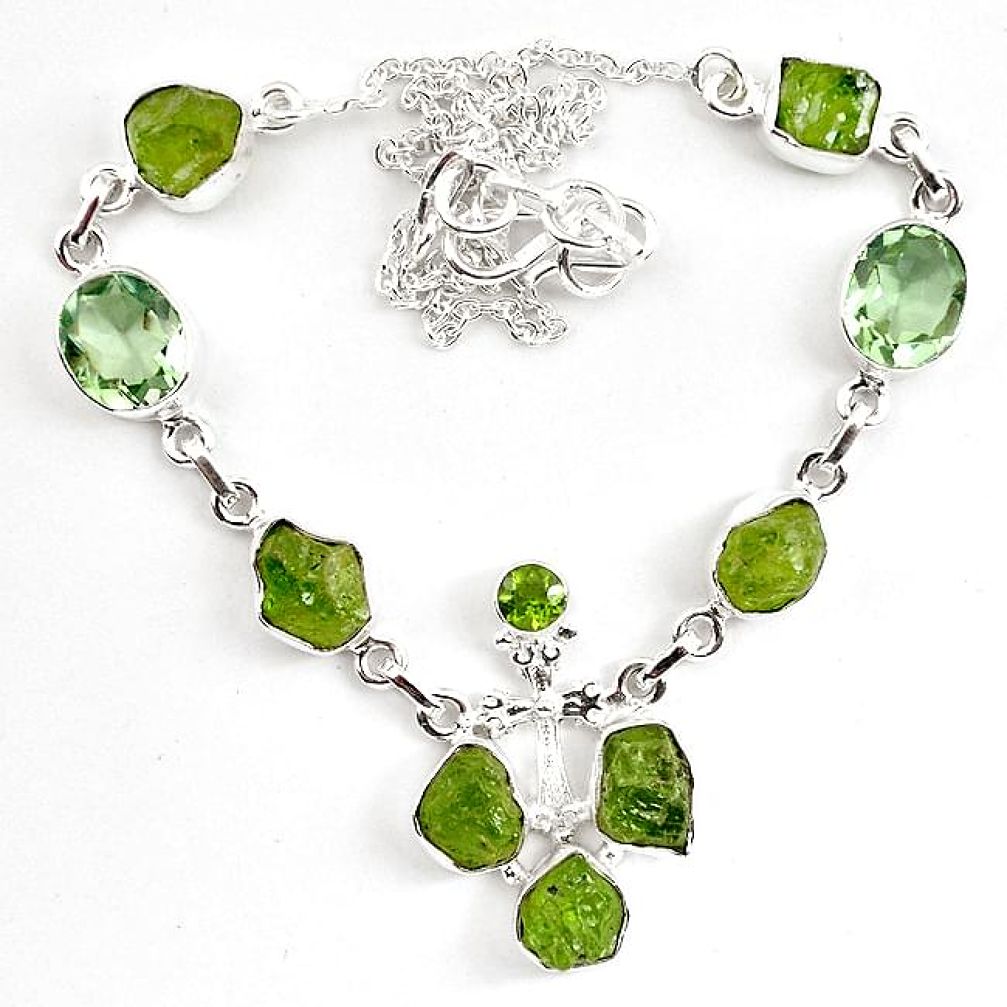 Natural green peridot rough amethyst 925 silver necklace jewelry k83352