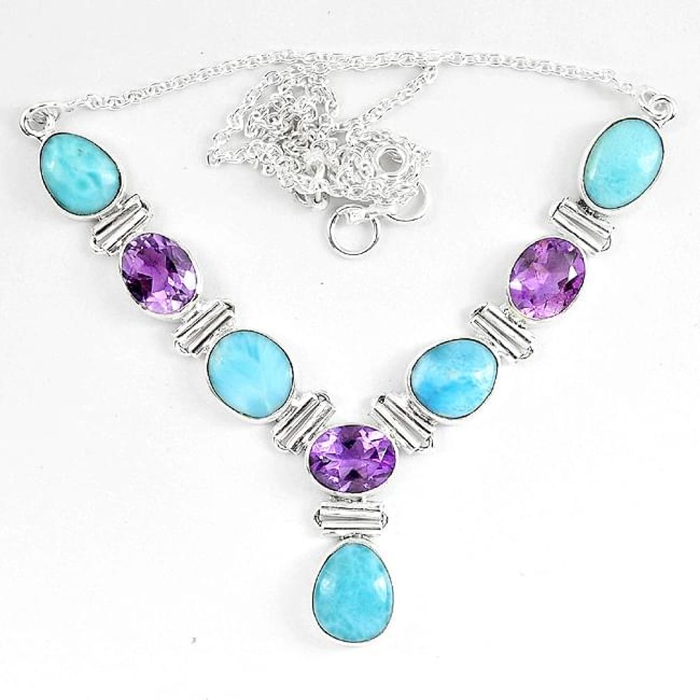Natural blue larimar amethyst 925 sterling silver necklace jewelry k85979