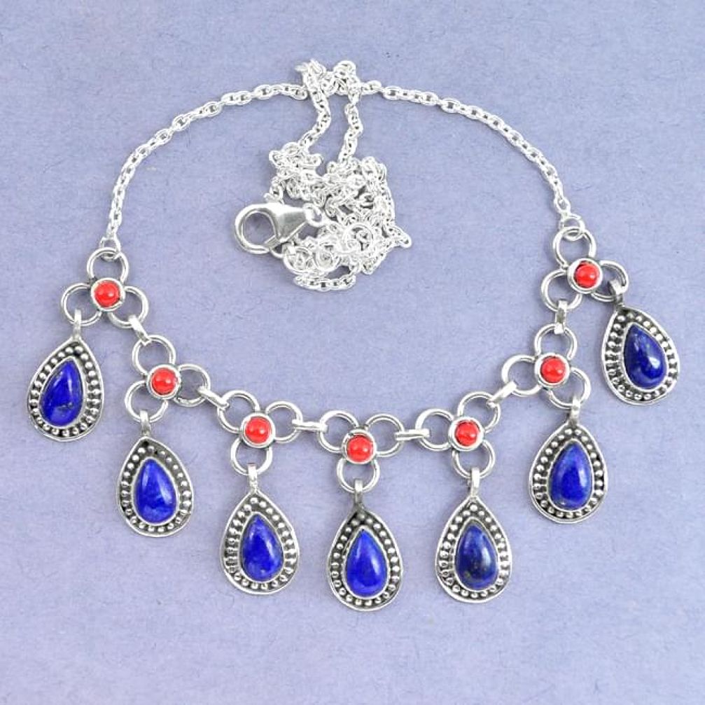 Natural blue lapis lazuli red coral 925 sterling silver necklace k90621