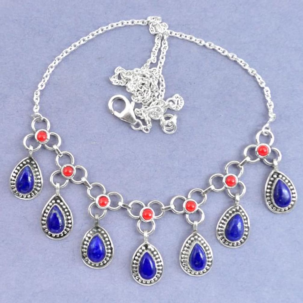 Natural blue lapis lazuli coral 925 sterling silver necklace jewelry k90625