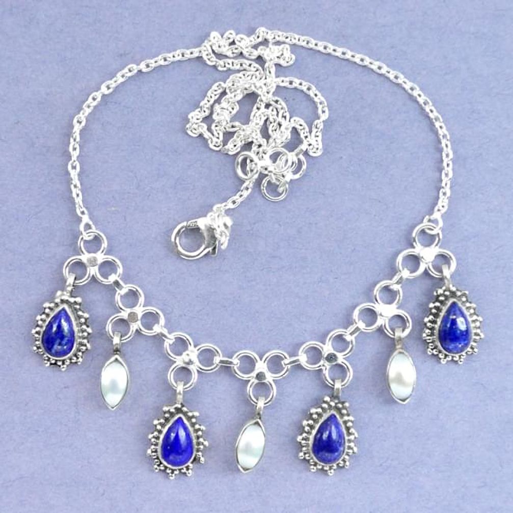 925 sterling silver natural blue lapis lazuli white pearl necklace k90639