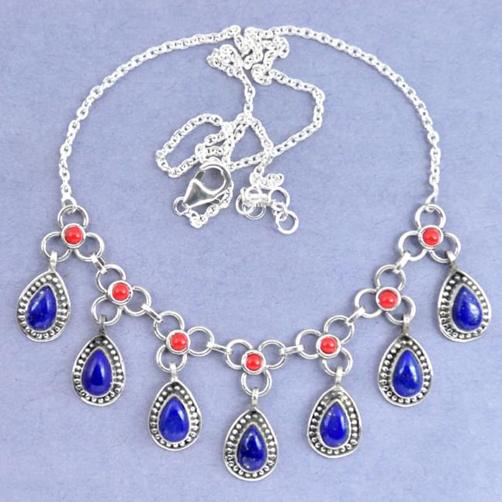 Natural blue lapis lazuli red coral 925 sterling silver necklace k90640