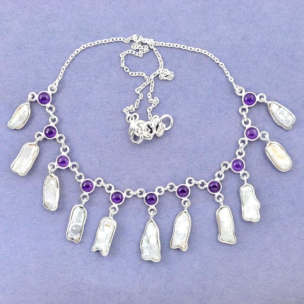 Natural white biwa pearl purple amethyst 925 sterling silver necklace k90981