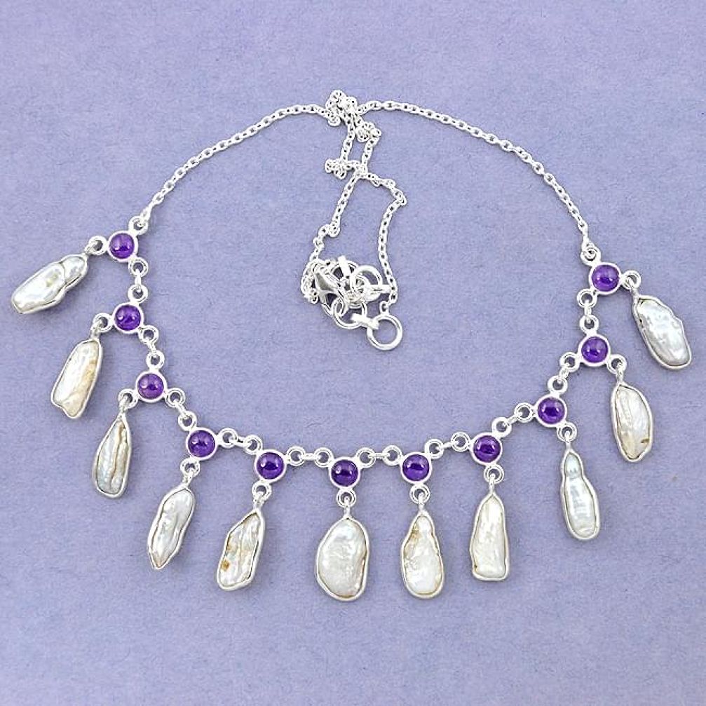 Natural white biwa pearl amethyst 925 sterling silver necklace jewelry k90982