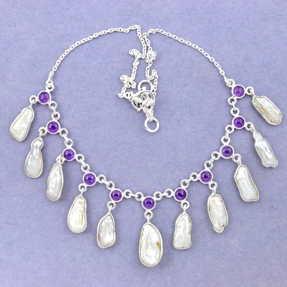 Natural white biwa pearl amethyst 925 sterling silver necklace jewelry k90983
