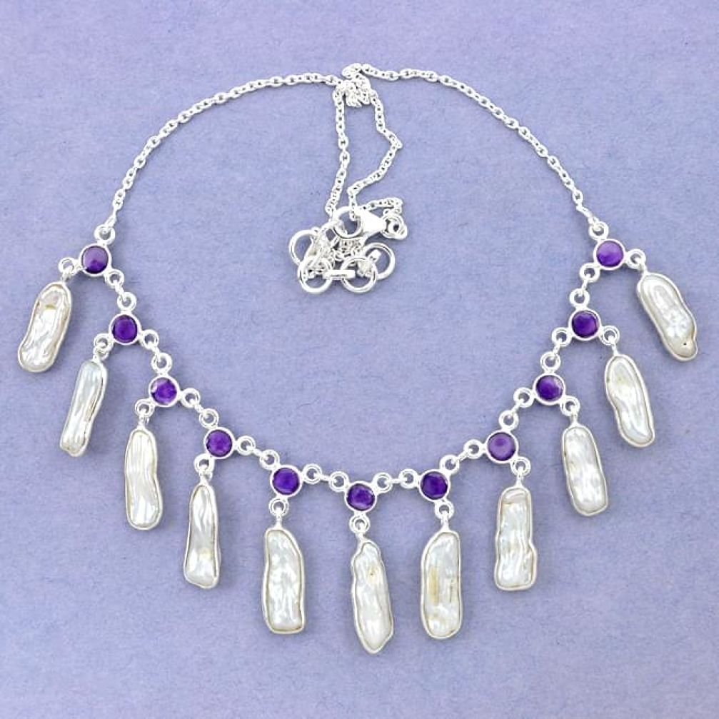 Natural white biwa pearl amethyst 925 sterling silver necklace jewelry k90984