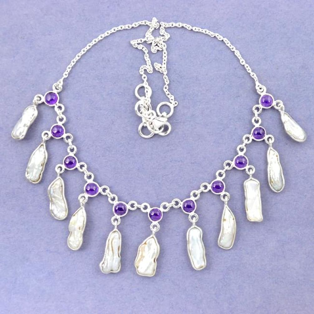 Natural white biwa pearl fancy amethyst 925 sterling silver necklace k90986