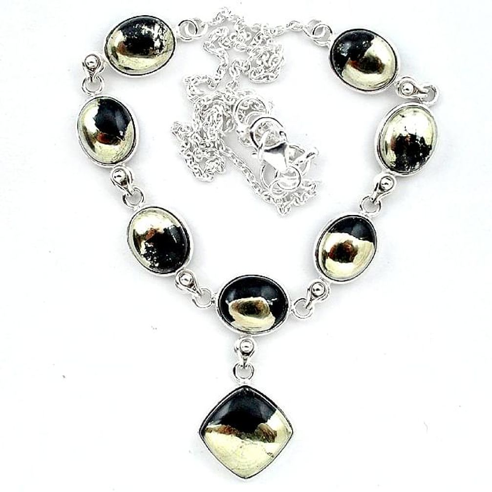 Natural golden pyrite in magnetite (healer's gold) 925 silver necklace k91162