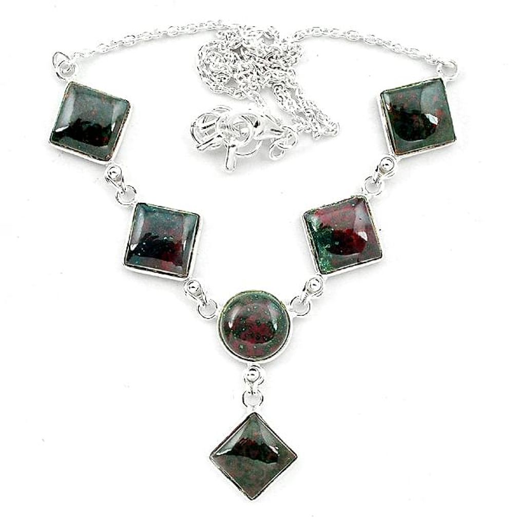 Natural green bloodstone african (heliotrope) 925 silver necklace k91173