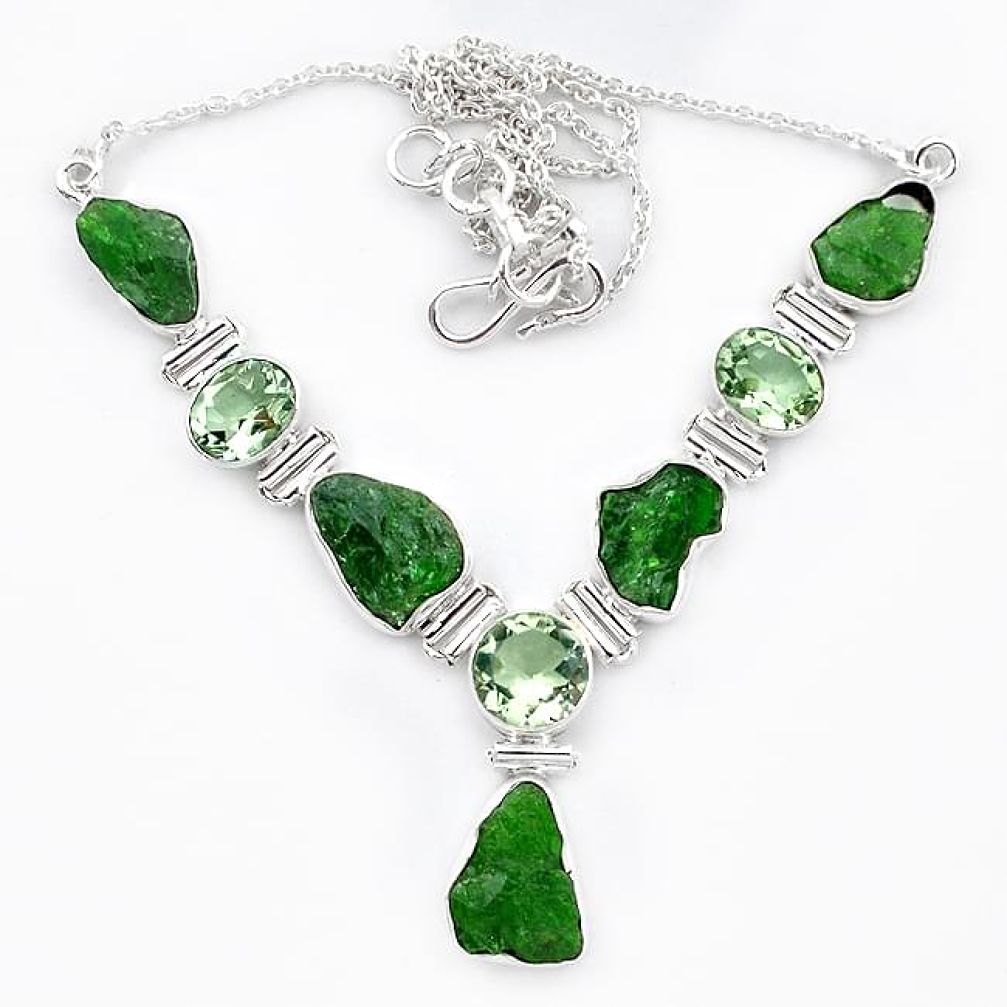 Green chrome diopside rough amethyst 925 sterling silver necklace k91192