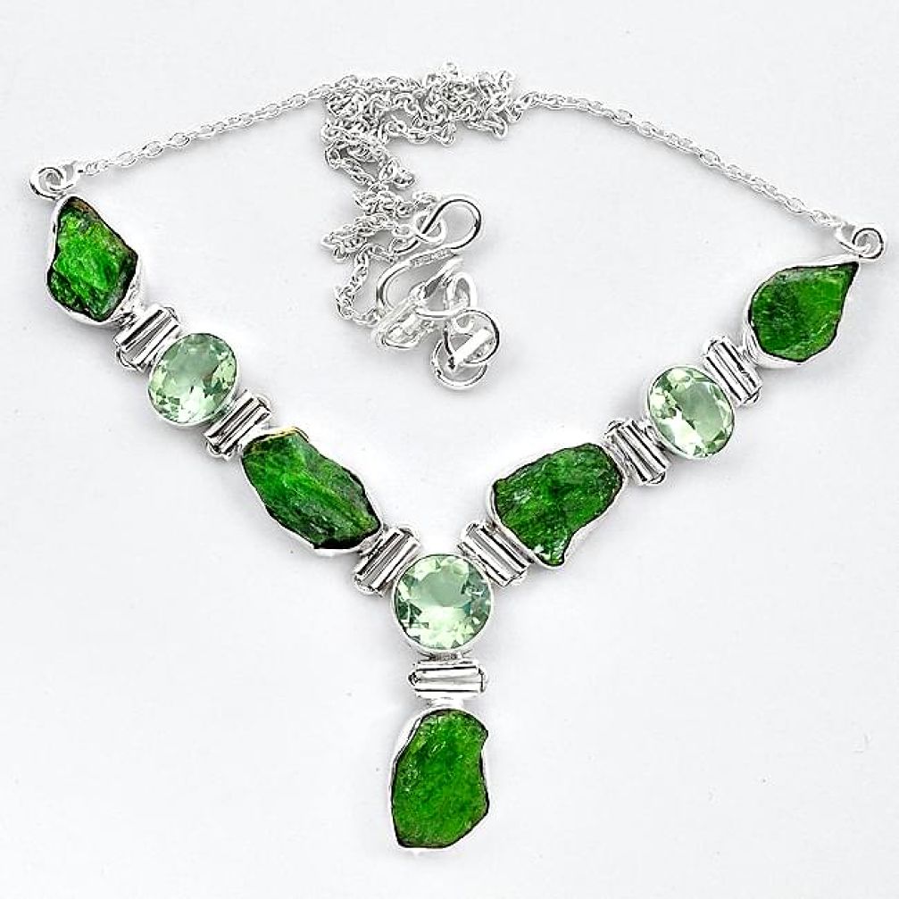 Green chrome diopside rough amethyst 925 silver necklace jewelry k91194