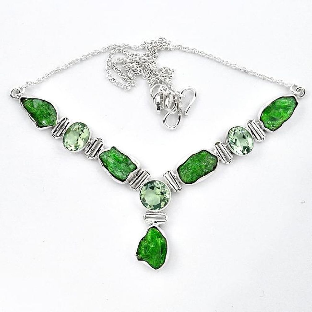 Green chrome diopside rough amethyst 925 silver necklace jewelry k91195