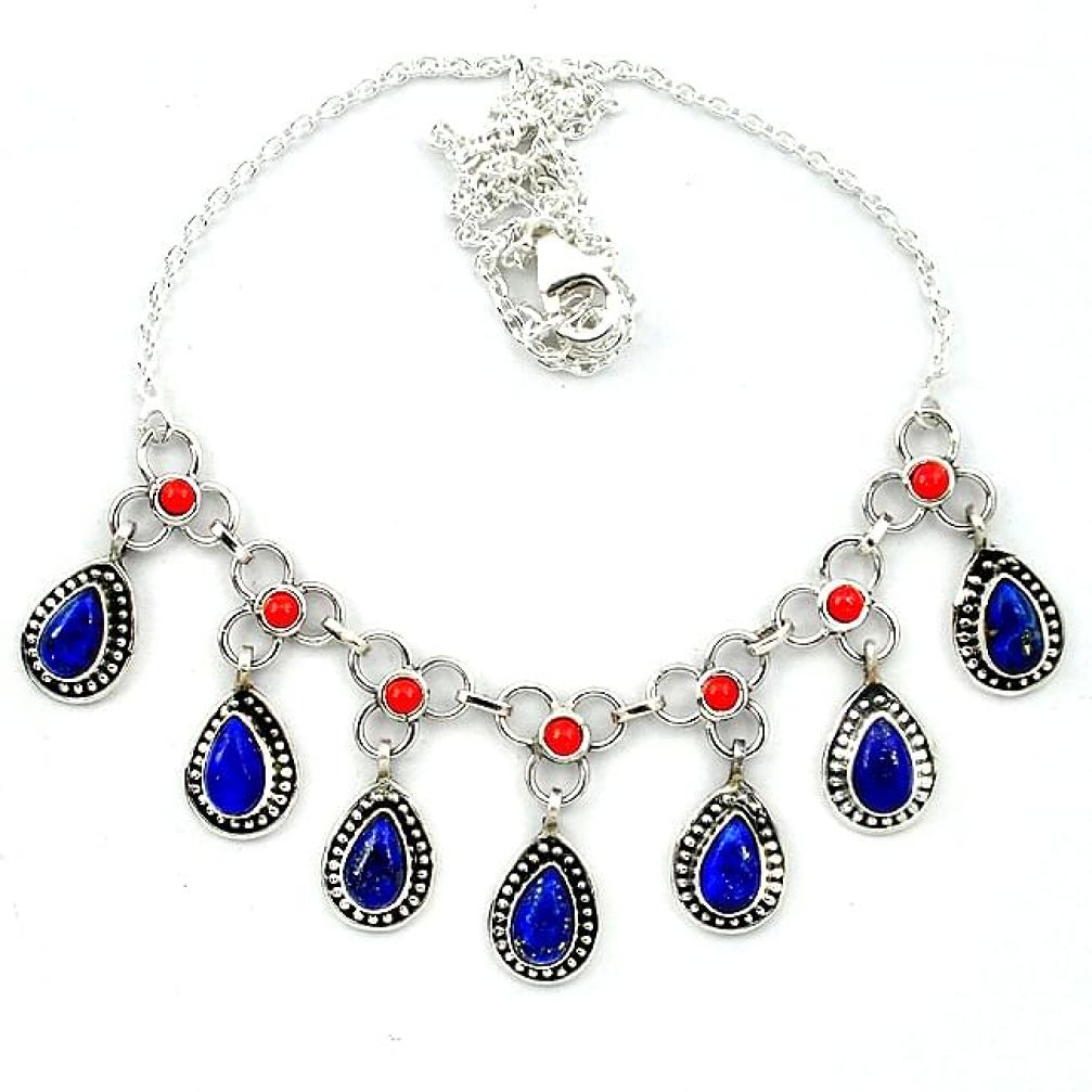 Natural blue lapis lazuli red coral 925 sterling silver necklace k91219