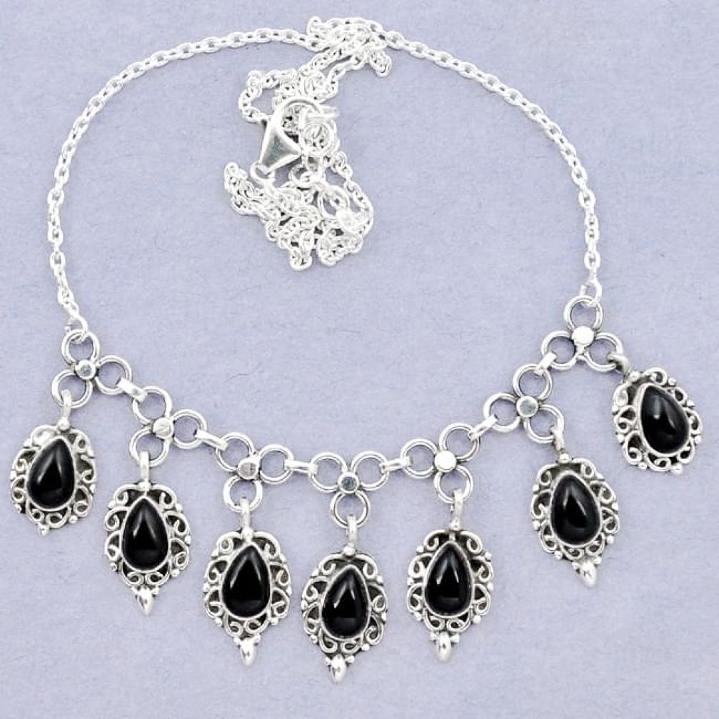 Natural black onyx pear 925 sterling silver necklace jewelry k92461