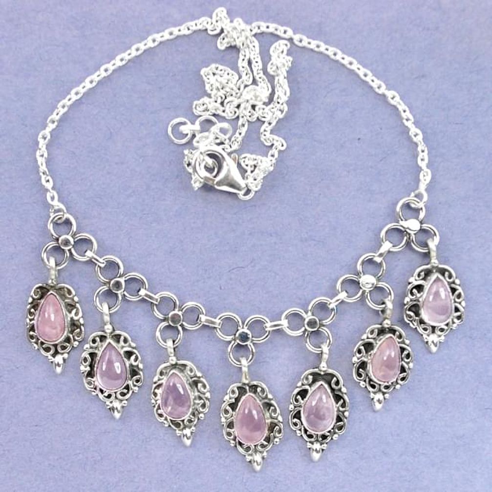 Natural pink rose quartz 925 sterling silver necklace jewelry k92468