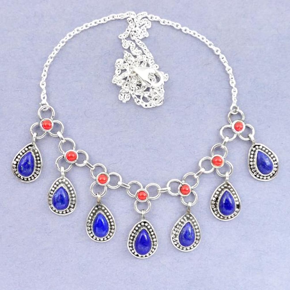 Natural blue lapis lazuli red coral 925 sterling silver necklace k92496