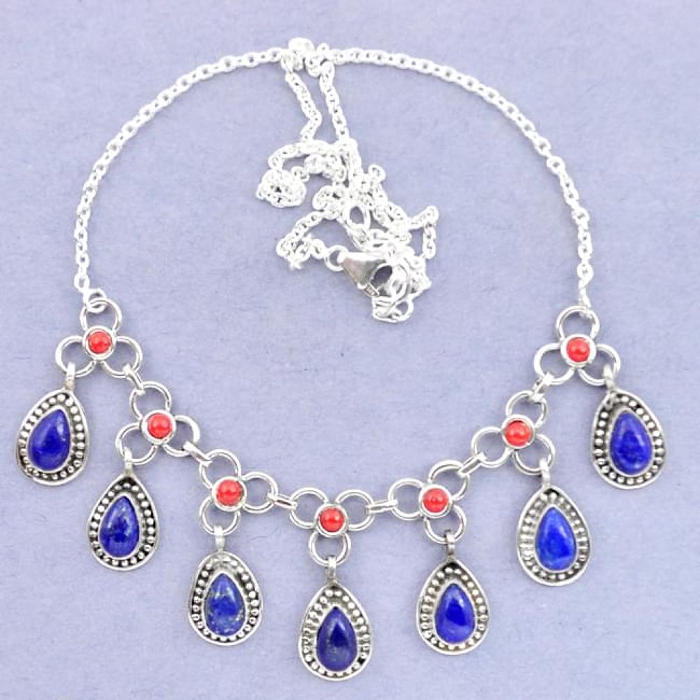 925 sterling silver natural blue lapis lazuli red coral necklace k92498