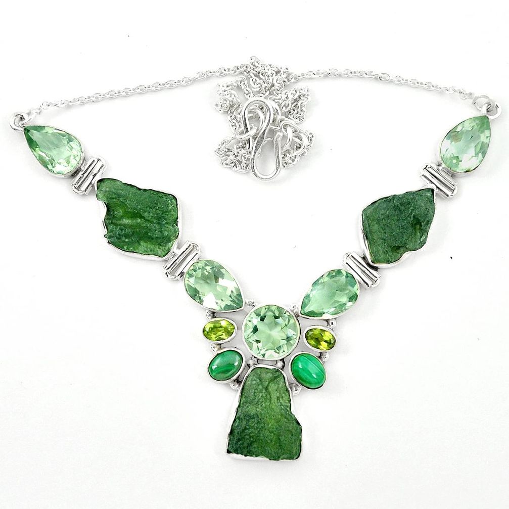 925 silver natural green moldavite (genuine czech) malachite necklace m26510